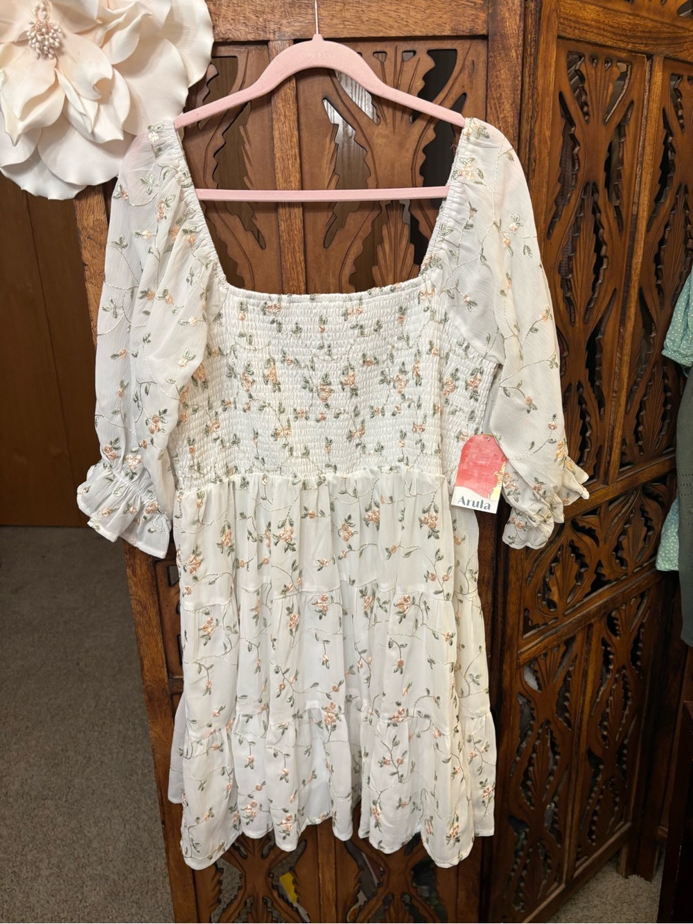 ARULA White Floral Smocked Puff Sleeve Mini Dress
